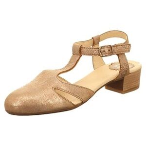 Women’s FLY LONDON Rose gold metallic T-strap low heel closed toe sandal Size 36